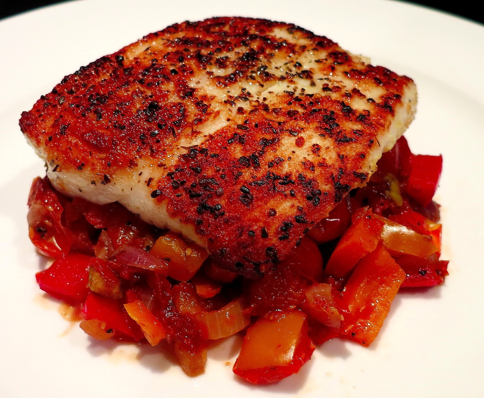 PanSeared Halibut with Tomato Bell Pepper Olive Ragu Abbey's Kitchen
